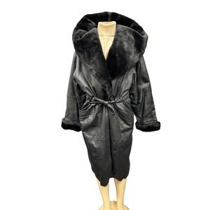 90s Vintage Black Leather Jacket Faux Fur Hooded Long Trench Coat Tie Waist S